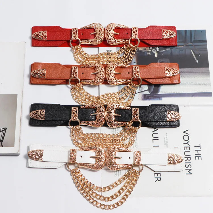 Double Vintage Buckle Fashion Corset PU Belts Gold Chain Elastic Waist Belt for Women Ladies
