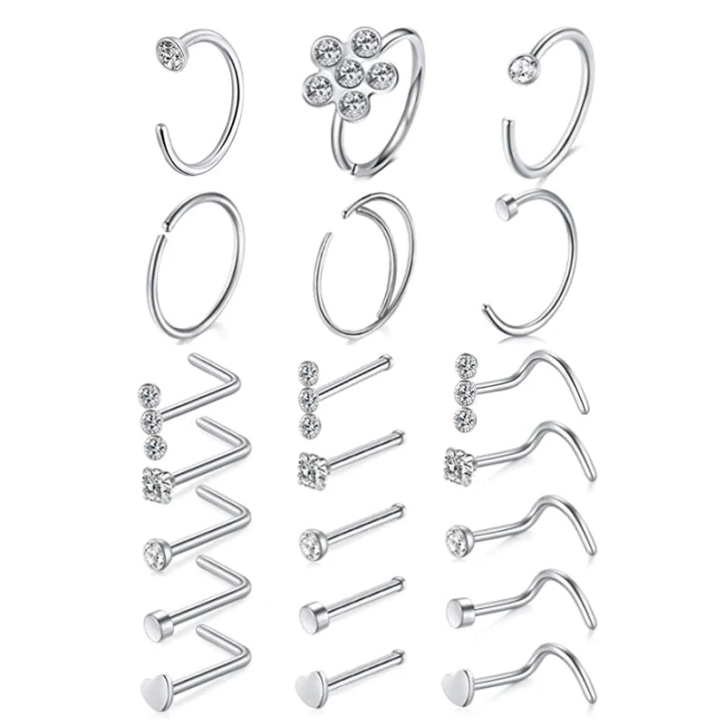 20G Stainless Steel Nose Ring Hoop Studs Screw L-Shaped Nostril Hoops Piercing Jewelry Set 15-Piece Unisex Nose Rings