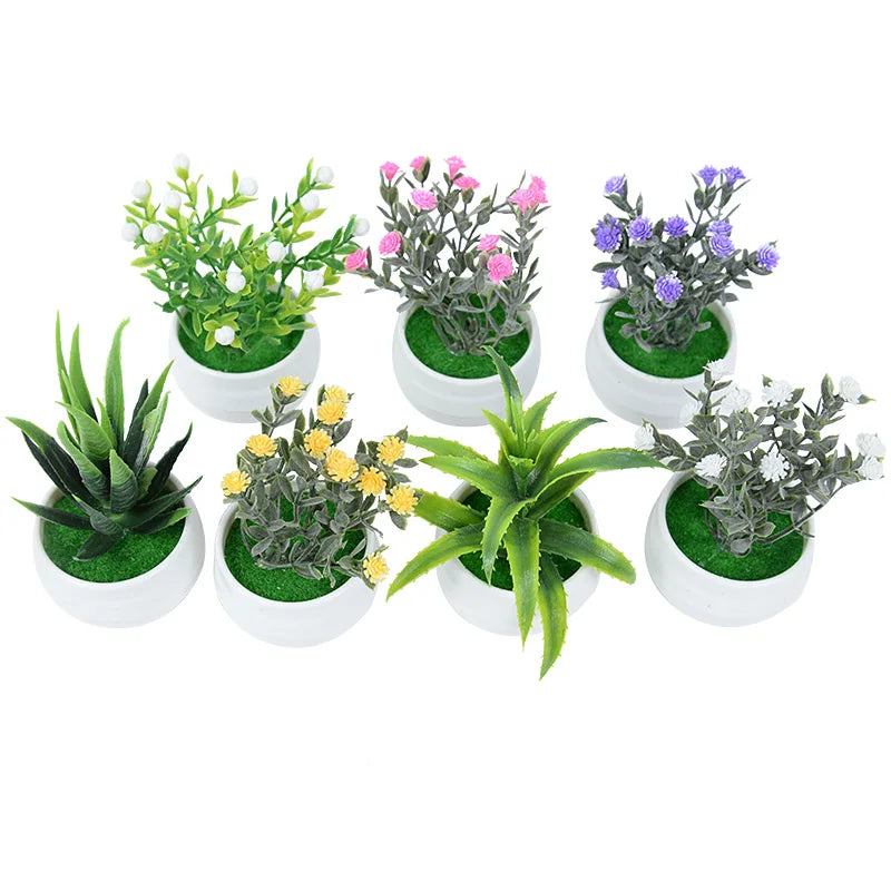 Mini Artificial Aloe Bonsai Tree Plastic Simulated Grass Home Garden Decor with Fake Flowers for Office Table Ornaments