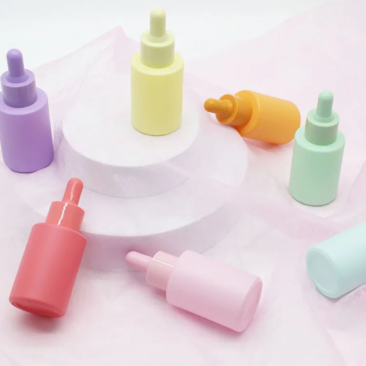 30ml Glass Cosmetic pink Essential Oil Dropper Bottle Blue Green Matte Skincare Serum Flat Bottle with Colorful Dropper