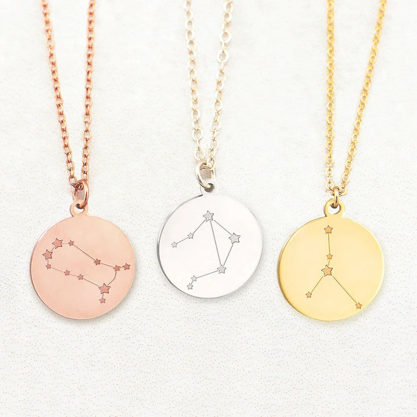 Celestial Personalized Jewelry Custom Engraved Star Sign Cute Dainty Gold Disc Zodiac Necklace for Women