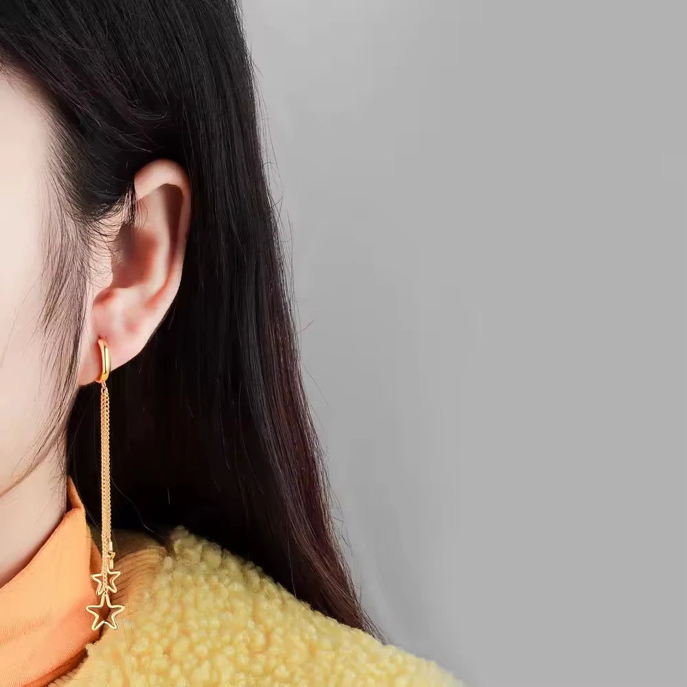 YFN Jewelry 925 Sterling Silver Gold Plated Long Star Tassel Drop Hoop Earrings for Women