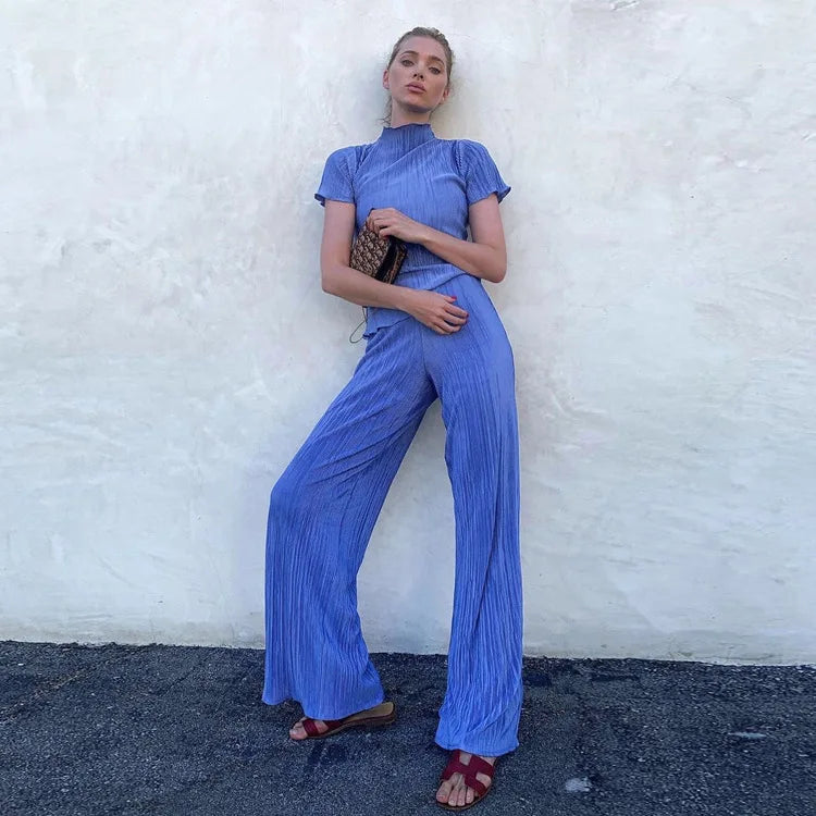 2026 Hot Selling Summer Casual Loose Pleated Outfits 2 Piece Set Crop Top Matching Set Women Wide Leg Pants Two Piece Set