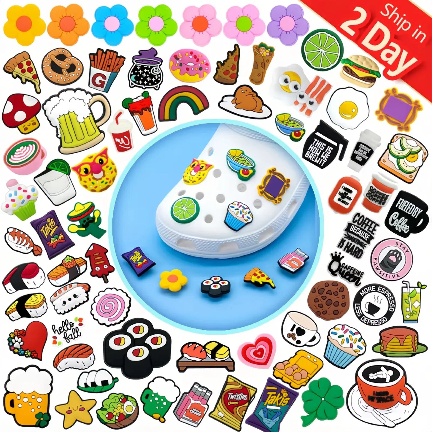 Hot Sale Yummy Food Drink Theme Shoe Charms Ice Cream Sushi Coffee Hamburger Flowers Beer PVC Decoration for Bracelet Making