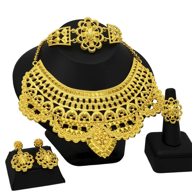 Jachon Indian  Women Jewelry Sets 24K Gold Jewelry Set Bride Necklace Bracelet Earrings Ring Four-piece Set