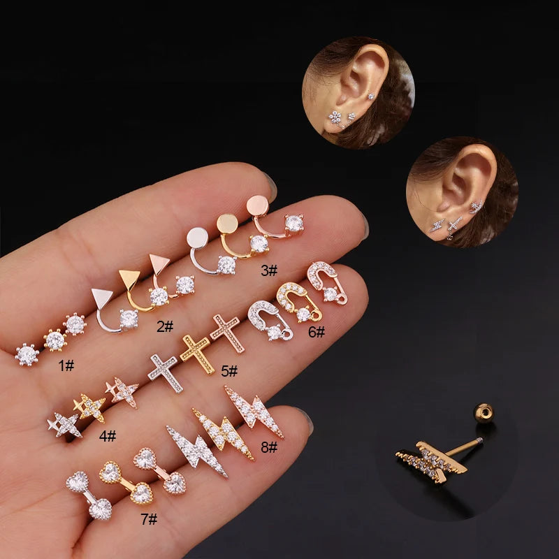 Fashionable Lighten Cross Brooch Shape Stainless Steel Barbell Copper CZ Classic Wedding Gift Tragus Daith Helix Rook Snug