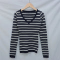 Soft Autumn Stripe V-neck Buttons Long-sleeved Casual Breathable Pullover Regular Cable Knit Custom Women's Sweater Wholesale