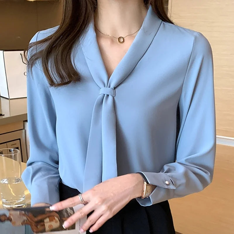 Long Sleeve Chiffon Blouse Shirt Women Blusas Mujer De Moda 2026 Bow V-Neck Office Lady Tops Women Blouses 8306#