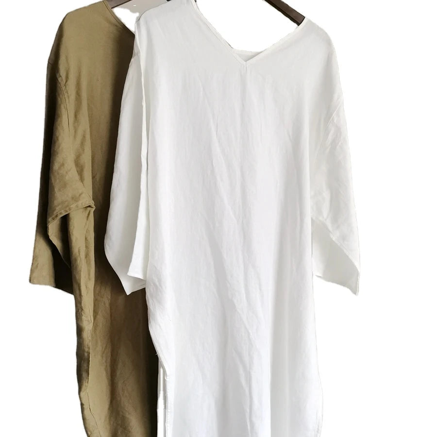 2024 New Arrival Breathable Eco-friendly Linen Dress for Womens Organic Shirt Skirt Casual Blouses 100% Linen Long Shirt Dress
