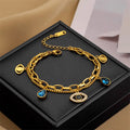 Fashion Trendy Stainless Steel Evil Eyes Waterdrop Pendant Charms Double Layers Layered Bracelet Jewelry for Women