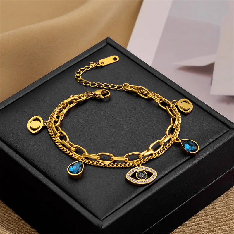 Fashion Trendy Stainless Steel Evil Eyes Waterdrop Pendant Charms Double Layers Layered Bracelet Jewelry for Women