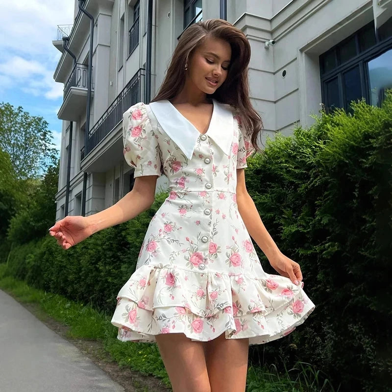 Female Casual Vacation Fashion Dress Women's V-Neck High Waist Pearl Buttons Mini Dress Print Puff Sleeves Ruffled Dress
