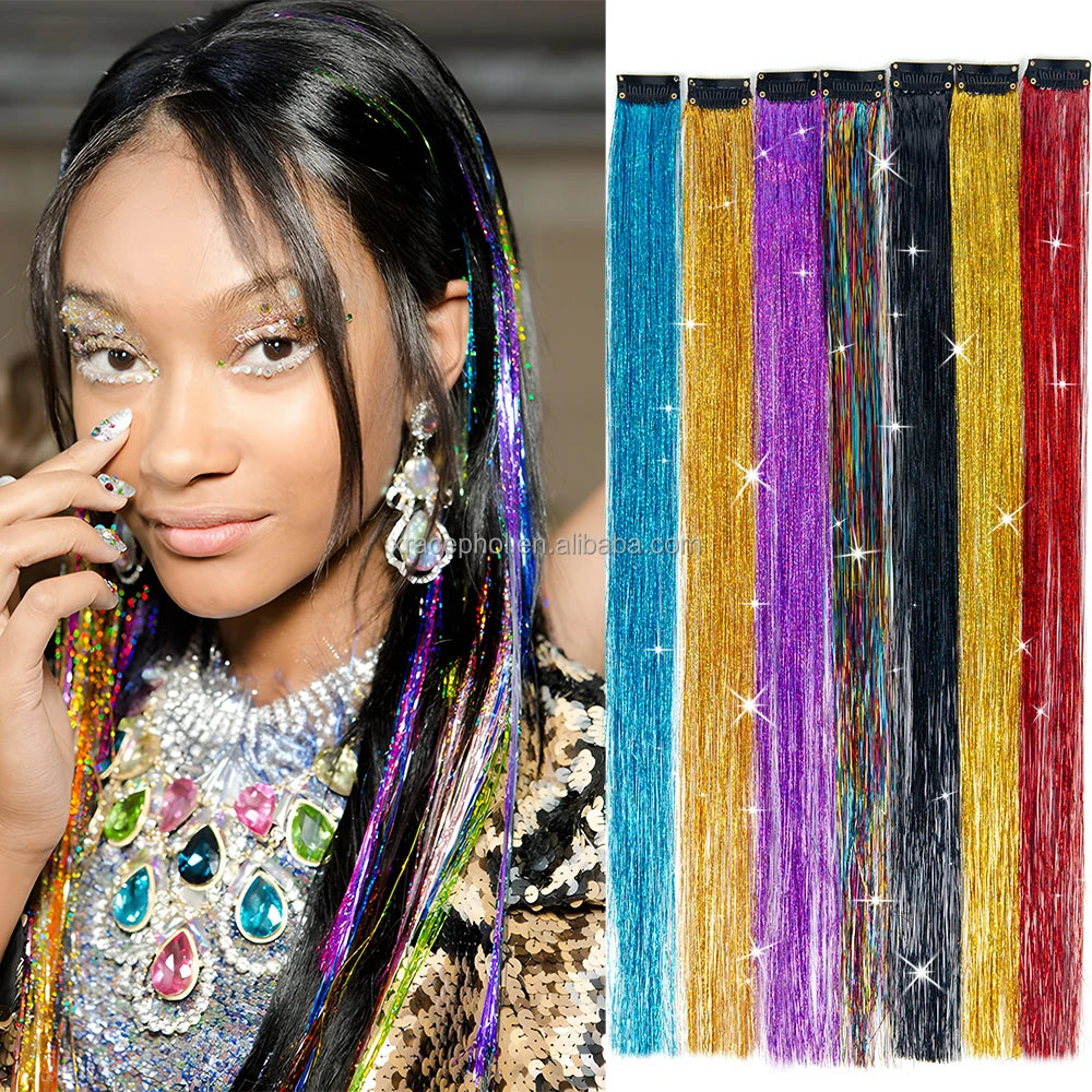 15 Colors Tinsel 19.5inch Long Hair Piece with Tinsel Glitter Clip in Hair Extensions for Kids Hair Accessories