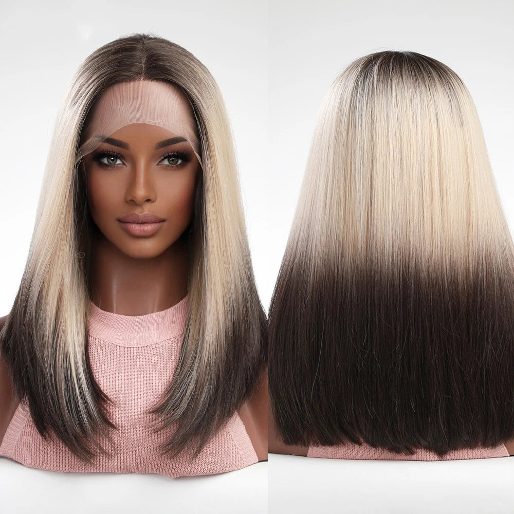 Japan Silk 13x1x5 lace wig straight hair piece dark hair roots light blonde female to brown lace wig medium parting women