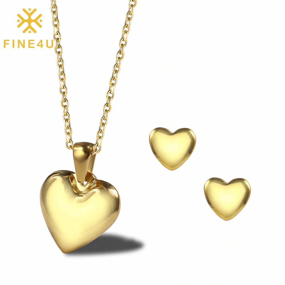 Dainty Fashion Acero Inoxidable Joyas Mayor Gold Plated Heart Earrings Necklace Stainless Steel Jewelry Sets