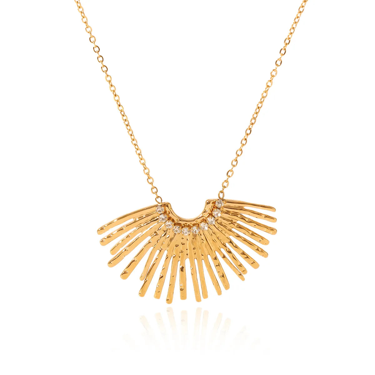 Ins Style 18K Gold Fan-Shaped Stainless Steel Diamond Pendant Necklace Geometric Multi Radial Lines Design Necklace