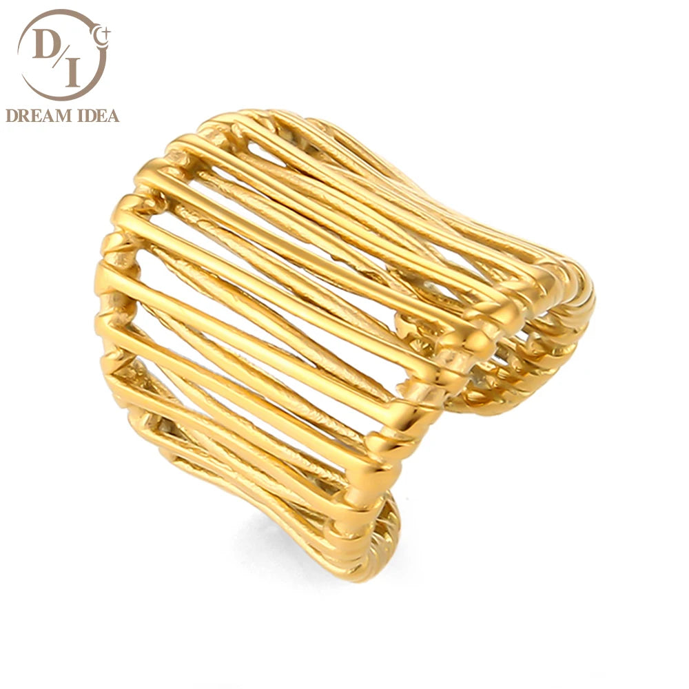 Personalized Stainless Steel 18K Gold Plated Ring Punk Style Exaggerated Wide Hollow Braided Ring