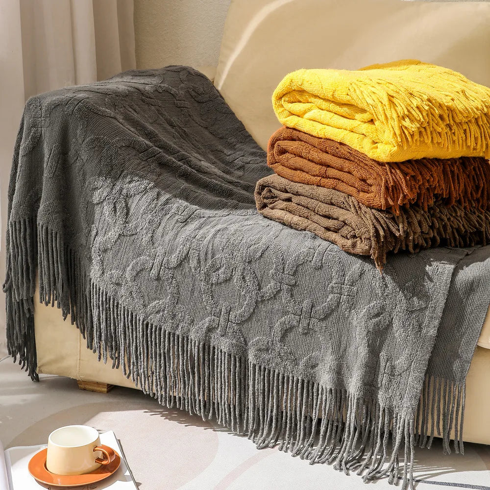 New Arrival Modern Sofa Chair Home Decorative Cozy Solid Acrylic Tassels Knit Throw Blankets for Office Break Nap