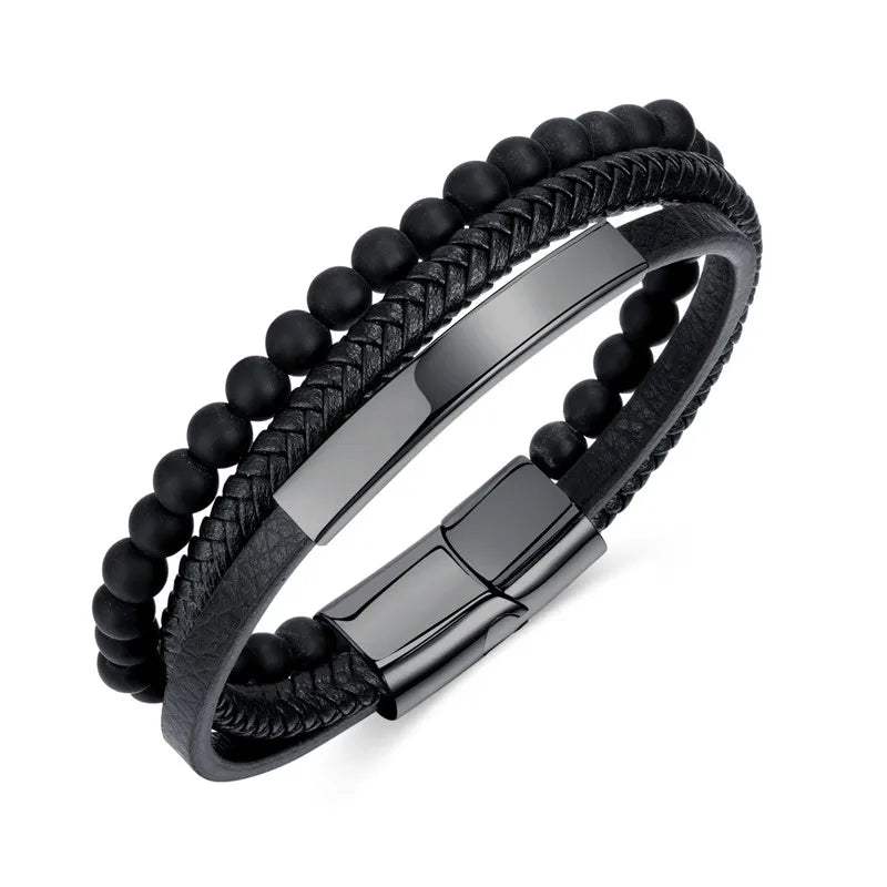 Mens Bracelet Bead and Leather Braided with Magnetic Clasp Lava and Onyx Bead Leather Bracelet for Men