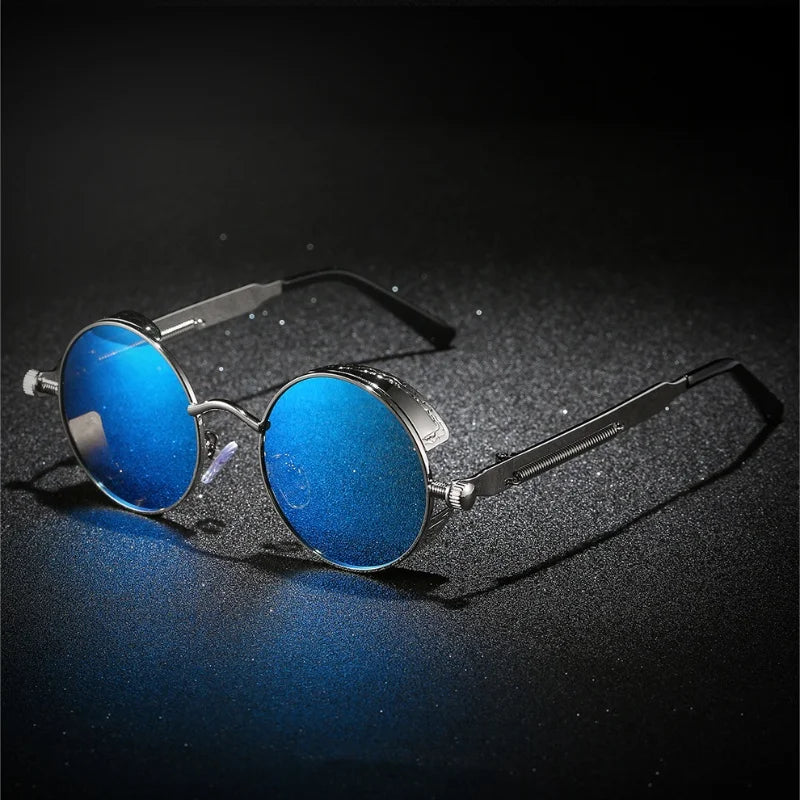 Personality Brand Design Small Metal Frame Spring Legs Round Steampunk Sunglasses Tac Colorful Coated Polarized Sunglasses Uv400