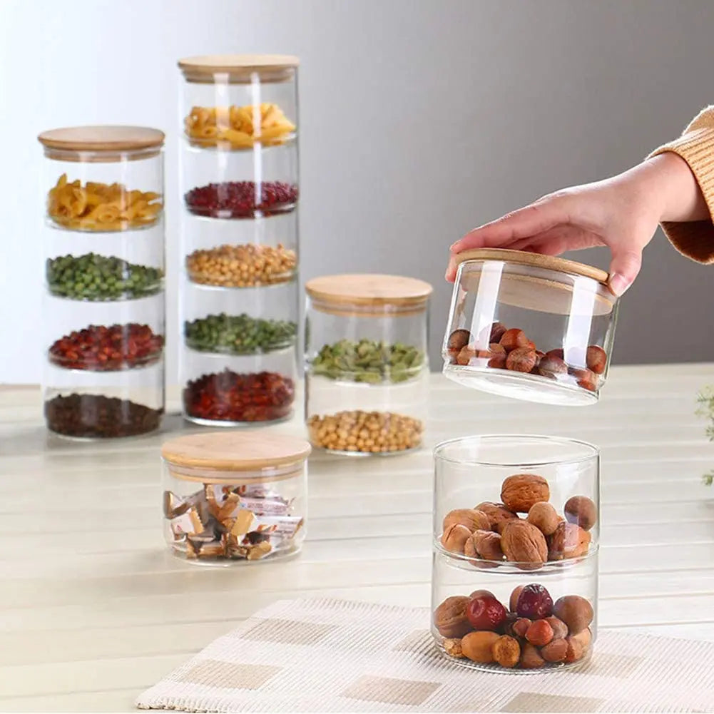 Wholesale Classic Design 2 3 4 Level Stackable Glass Canisters Airtight Seal Food Storage Jars with Bamboo Lid Set Travel