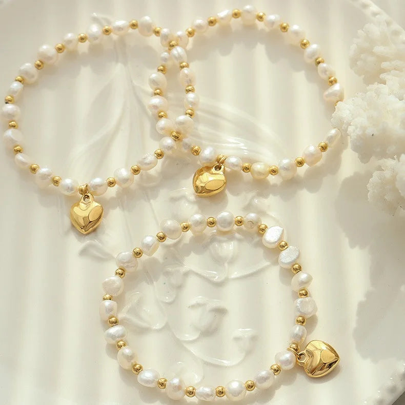 18k Gold Plated Stainless Steel Heart Bracelet Natural Fresh Water Pearl Jewelry for Women Pulsera De Acero Inoxidable