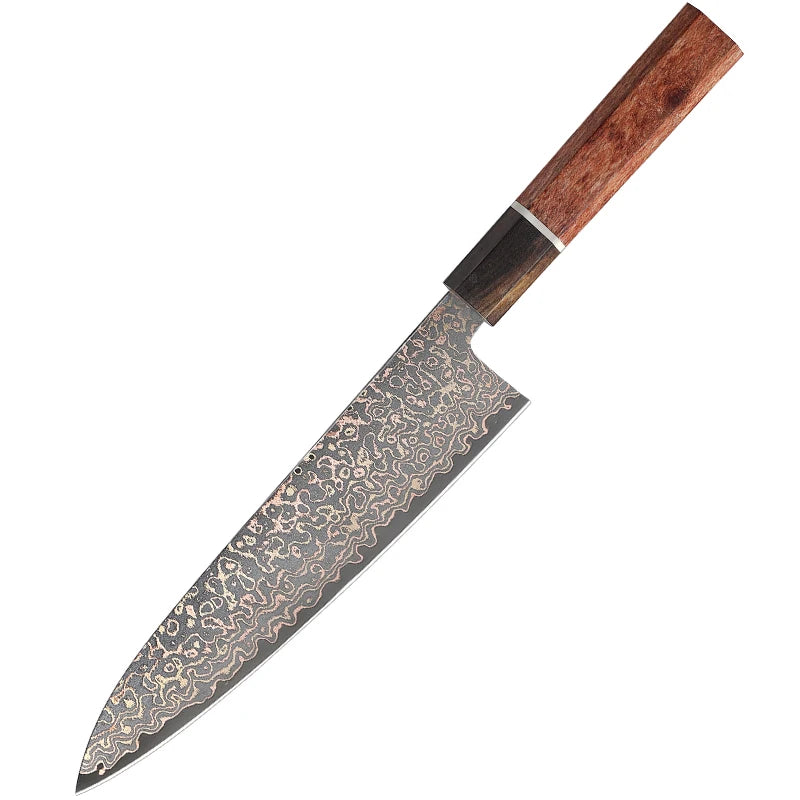 New Tricolour Copper Damascus Steel 8 Inch Kitchen Chef Knife with Octagonal Ebony WoodHandle