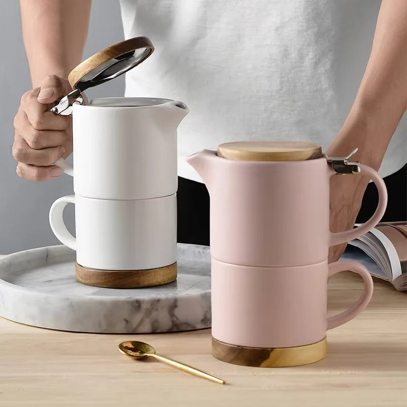 Customized Logo Retro Nordic Kitchen Drinkware Creative Wooden Cover Ceramic Tea & Water Cups Coffee & Tea Sets