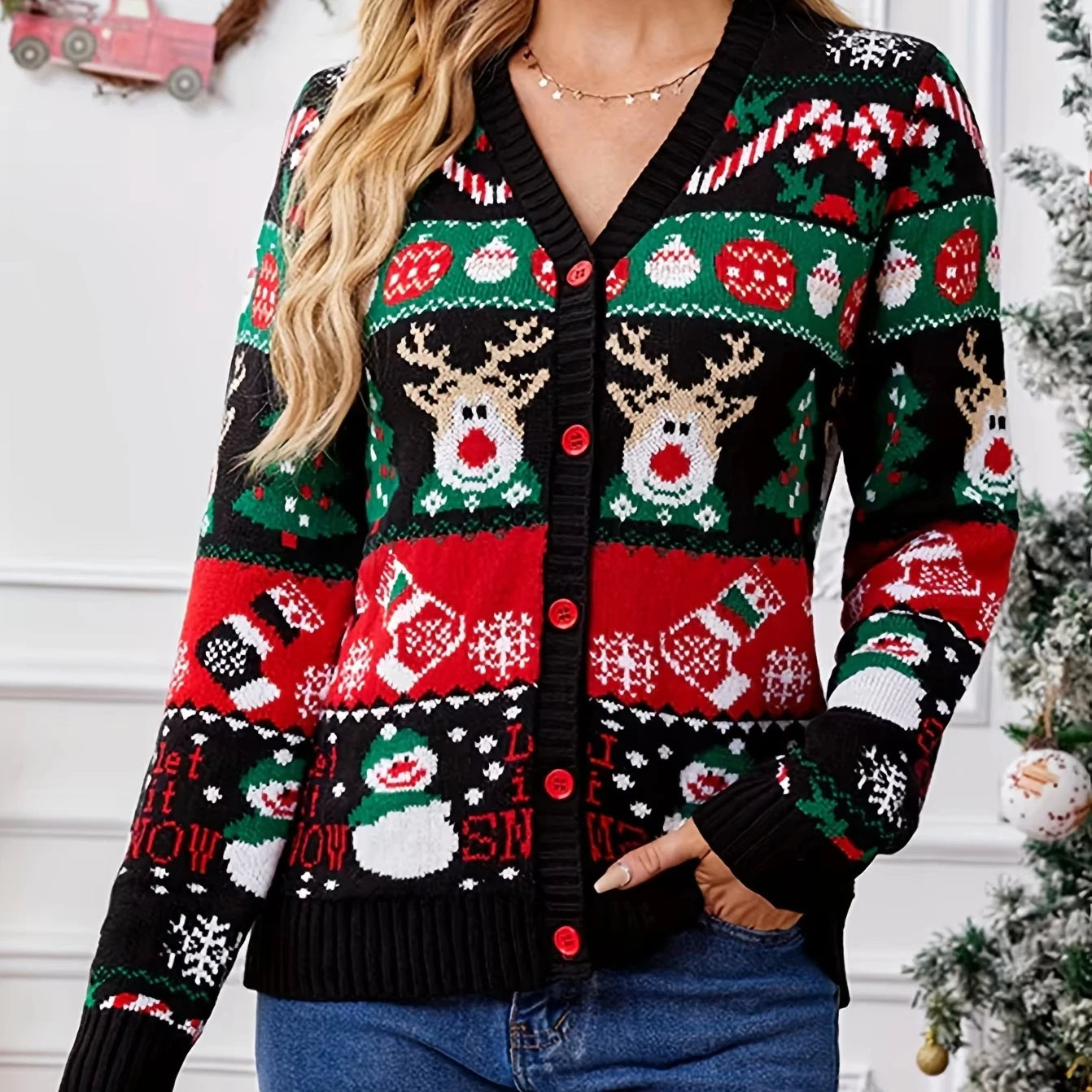 Custom Loose Autumn Winter Knit Cardigan New Sweater Women'S Casual Long Sleeved Christmas Reindeer Pattern Anti-Wrinkle Quick