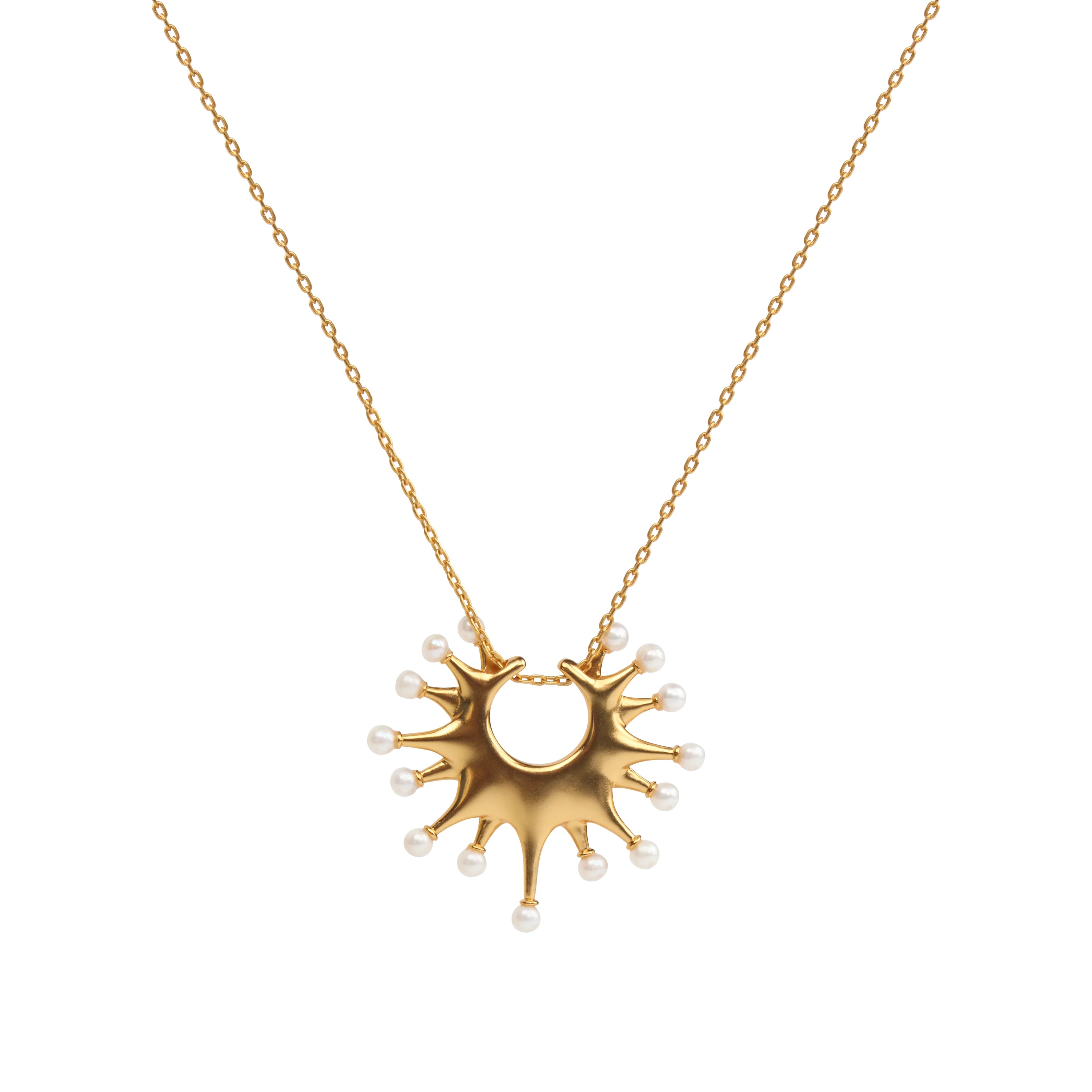 New Fashion Sun Shape Natural Mini Pearl Trim Pendant Necklace Real Gold Plated Brass Necklace Unique Personality