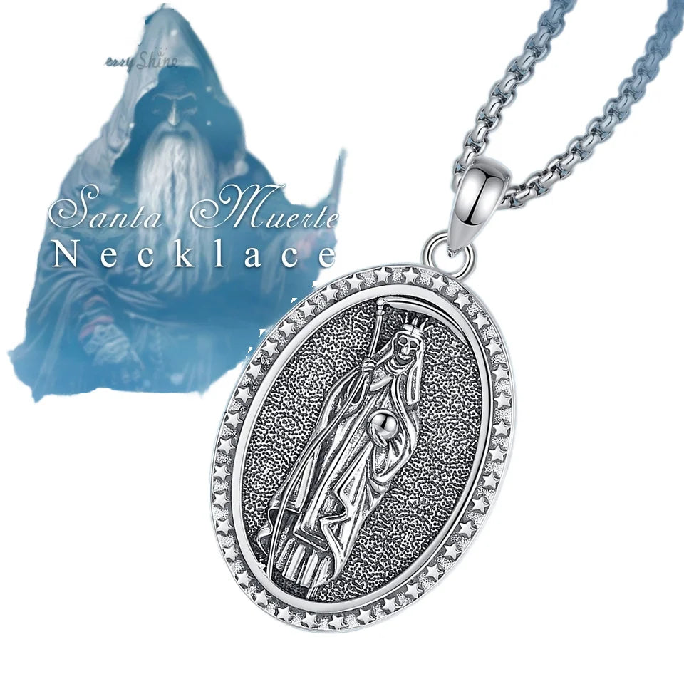 Merryshine 925 Sterling Silver Collar De La Santa Muerte Warrior Protect Us Amulet Necklace Santa Muerte Pendant