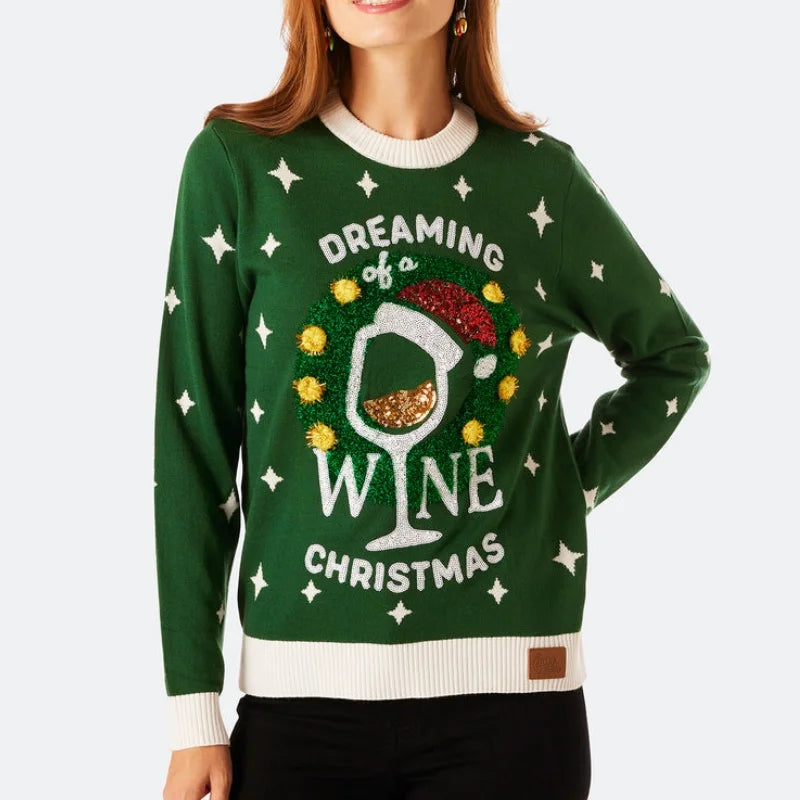 Ladies' Casual Pullover Top Manufacturers Regular Length Full Sleeve Color Blocking Women's Letters Wine Christmas Sweater