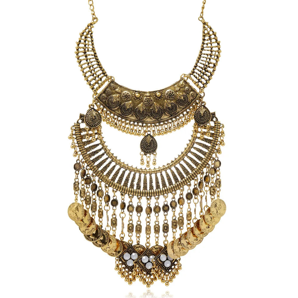 New Exaggerated Ethnic Accessories Collarbone Sweater Chain Jewelry Vintage Three Colors Coin Tassel Necklace Gifts for Women