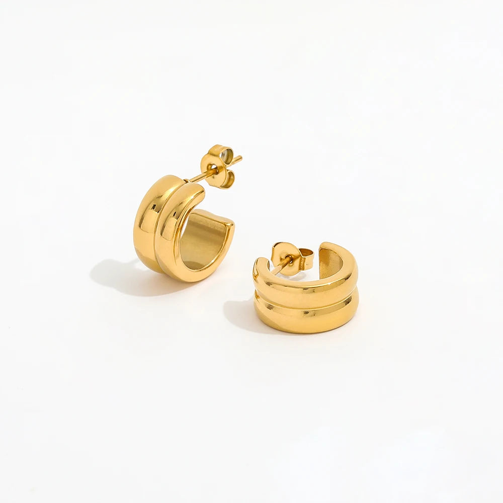 JOOLIM  High End 18K Gold Plated Shiny Double-layer Band C Chunky Hoop Earrings Jewelry Stainless Steel for Women