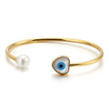 MICCI Wholesale Women Jewelry 18k Gold Plated Expandable Open Cuff Bracelet Stainless Steel Blue Evil Eye Bangle