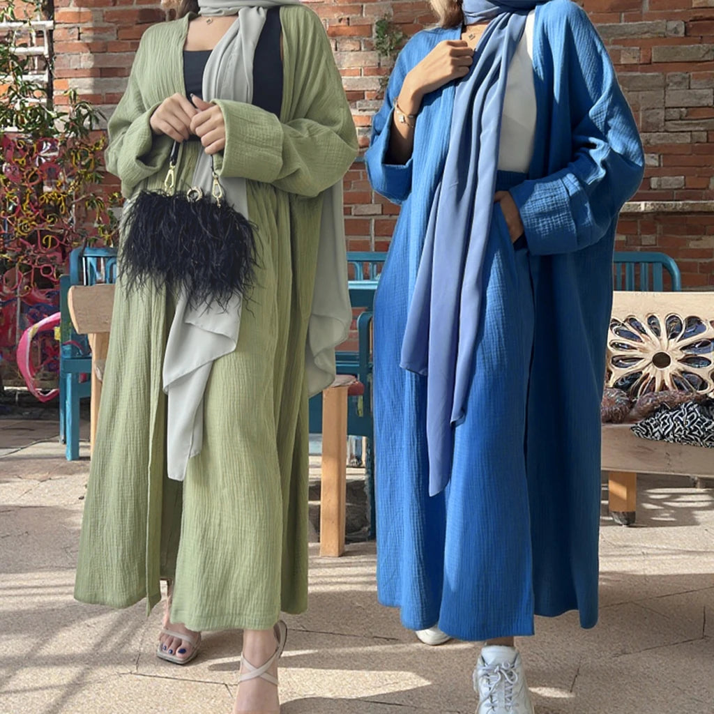 Loriya Hot Sale Muslim Clothing Nature Fabric Cotton 2 Piece Abaya Set Comfortable Women Open Abaya Pants Set Islamic Clothing