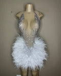 Ocstrade Trending Products New Arrivals Rhinestone Sexy Dresses Women Night Club White Fringe Sparkly Mini Dress With Feathers