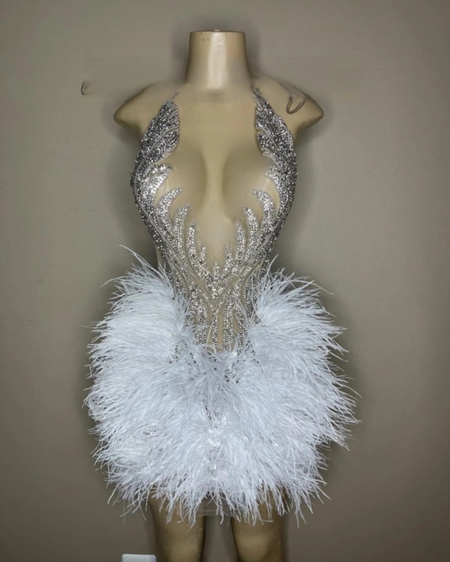 Ocstrade Trending Products New Arrivals Rhinestone Sexy Dresses Women Night Club White Fringe Sparkly Mini Dress With Feathers