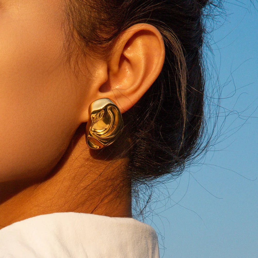 New Arrival Waterproof 18K PVD Gold Stainless Steel Earring Jewelry Texture Ear Shape Chunky Lave Surface Earrings Women