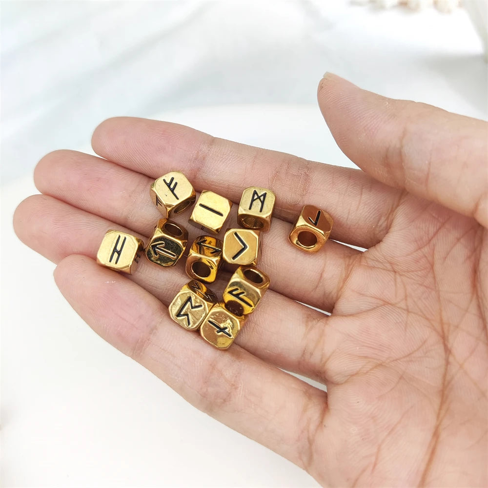 2024 Trendy Jewelry 18K Gold Plated Beads the Viking Runes Square Shape Beads for Bracelets Necklace Making Wholesale Supplies