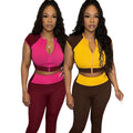 Autumn New Women Patchwork Design Fashion Short Sleeve Front Zipper O Neck Crop Top Flare Pants Women Two Pieces Set