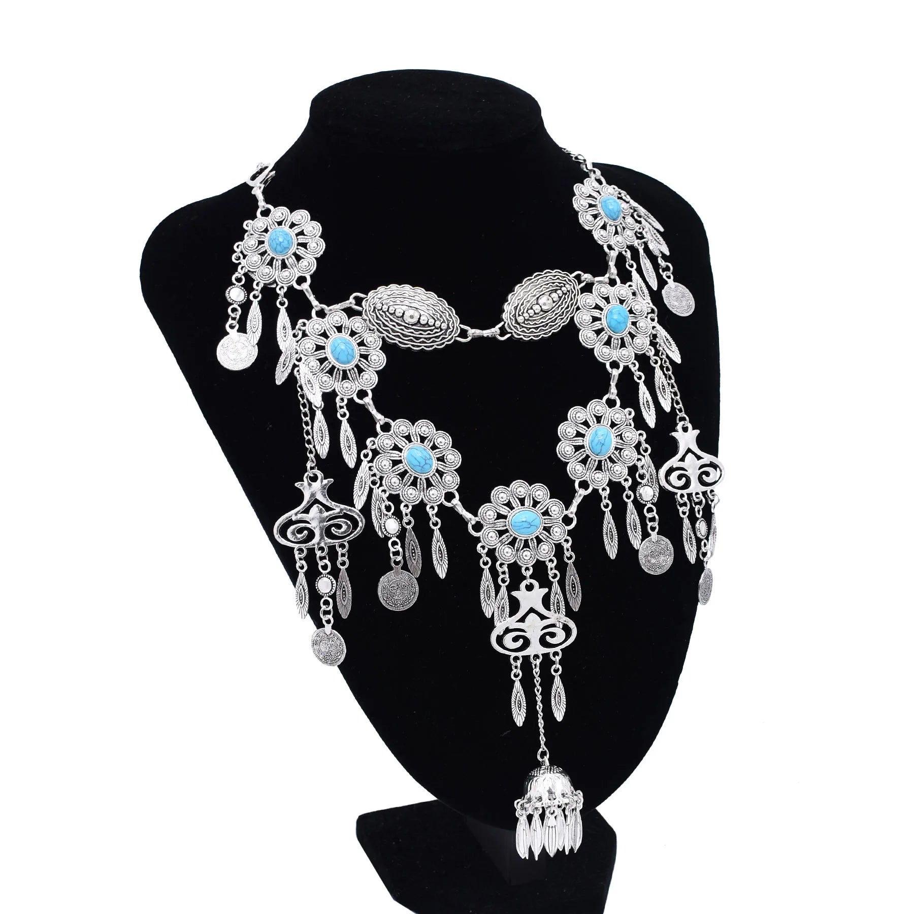 Vintage Style Bohemian Kazakh Women Necklace Blue Beads Flower Leaves Tassels Carved Coin Tassel Necklace Accessories