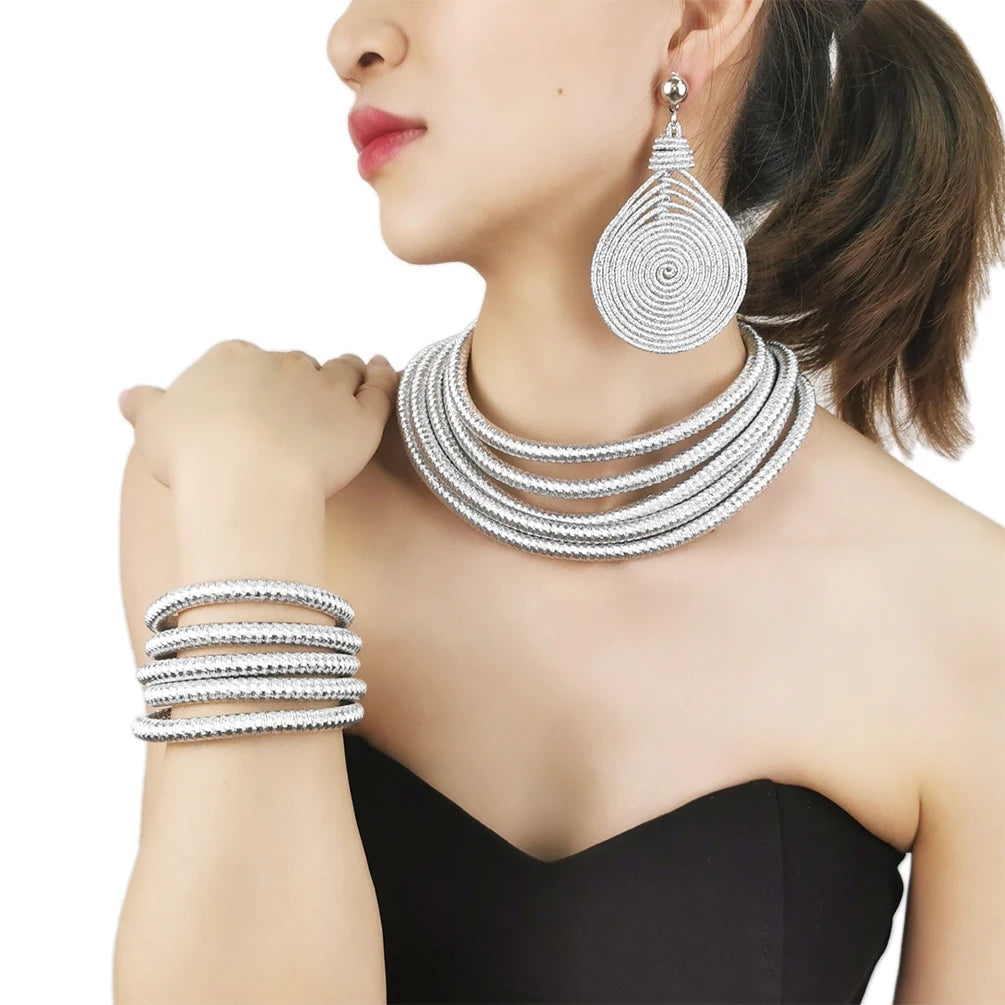 Hot Selling Statement Jewelry Set Chunky Multi Layer Rope Design Bib Necklace & Bracelet Large Drop Earrings Africa Jewelry Set