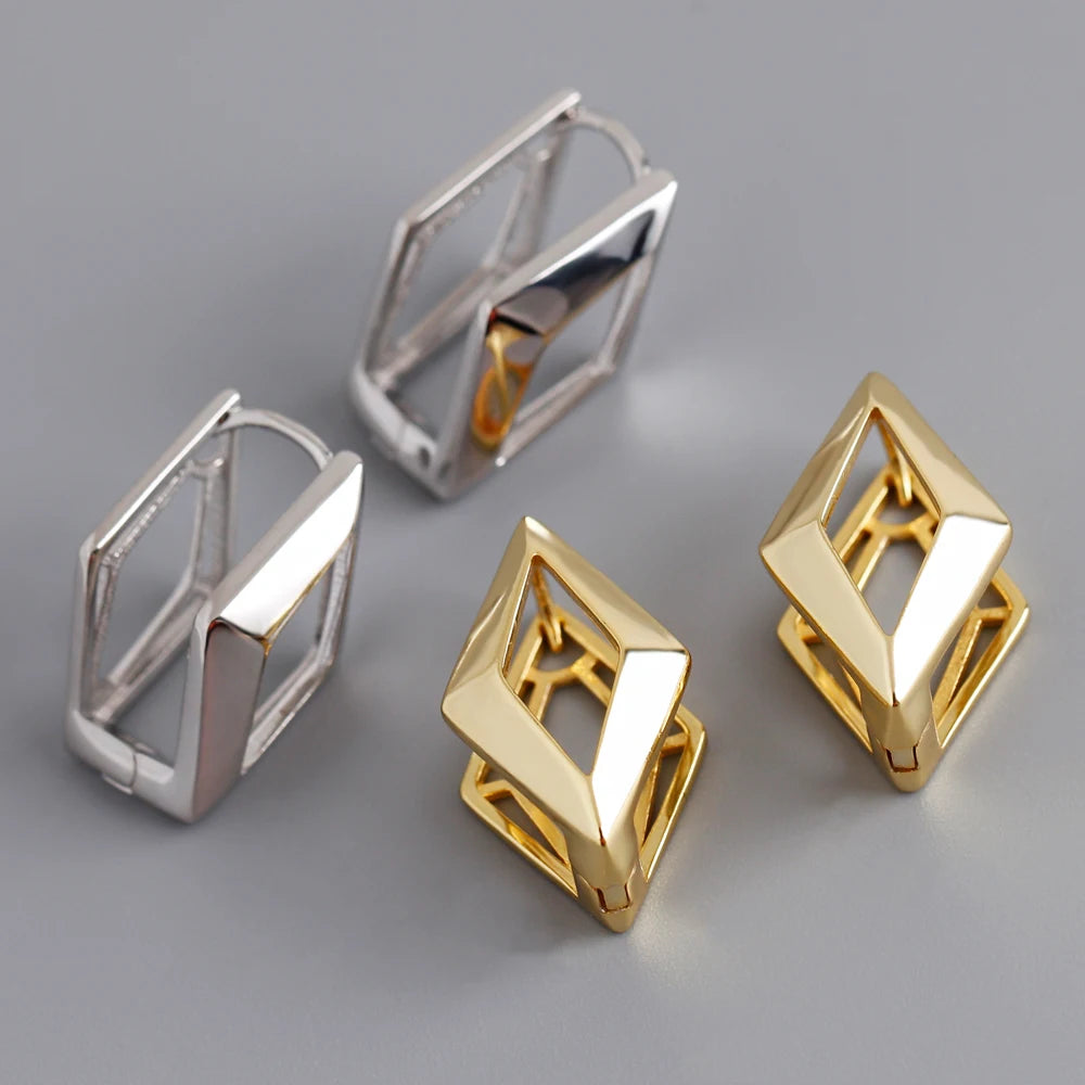 Dropshipping Fashion Jewelry 925 Silver Chunky Punk Plain Rhombus Shape Gold Plated Hoop Earrings for Women