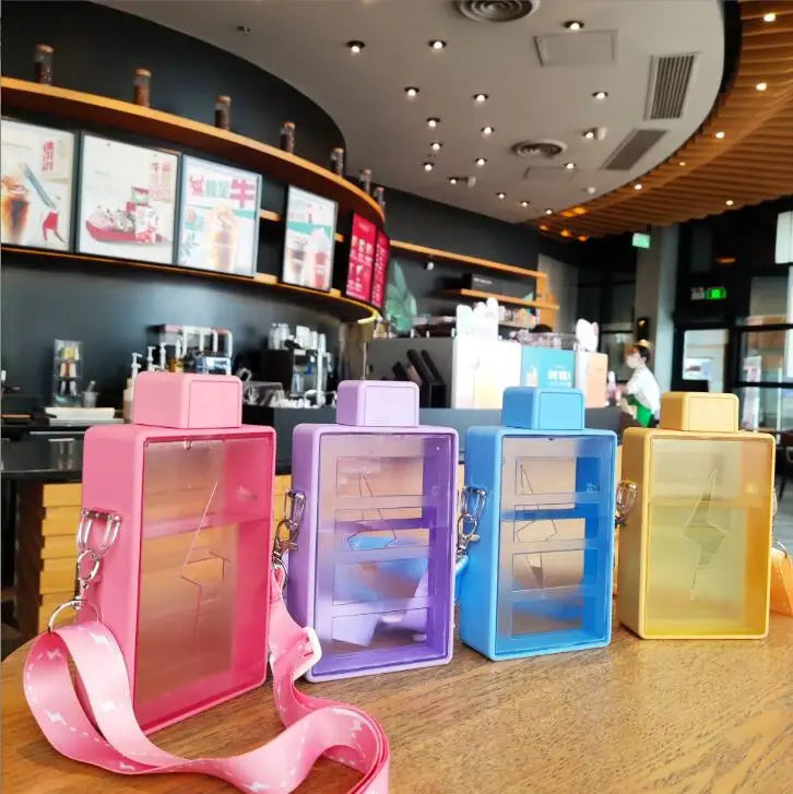 Mini Rectangular Plastic Juice Cup 450ml Capacity Diagonal Straddle Strap Convenient Novelty Design for Camping Boiling Water