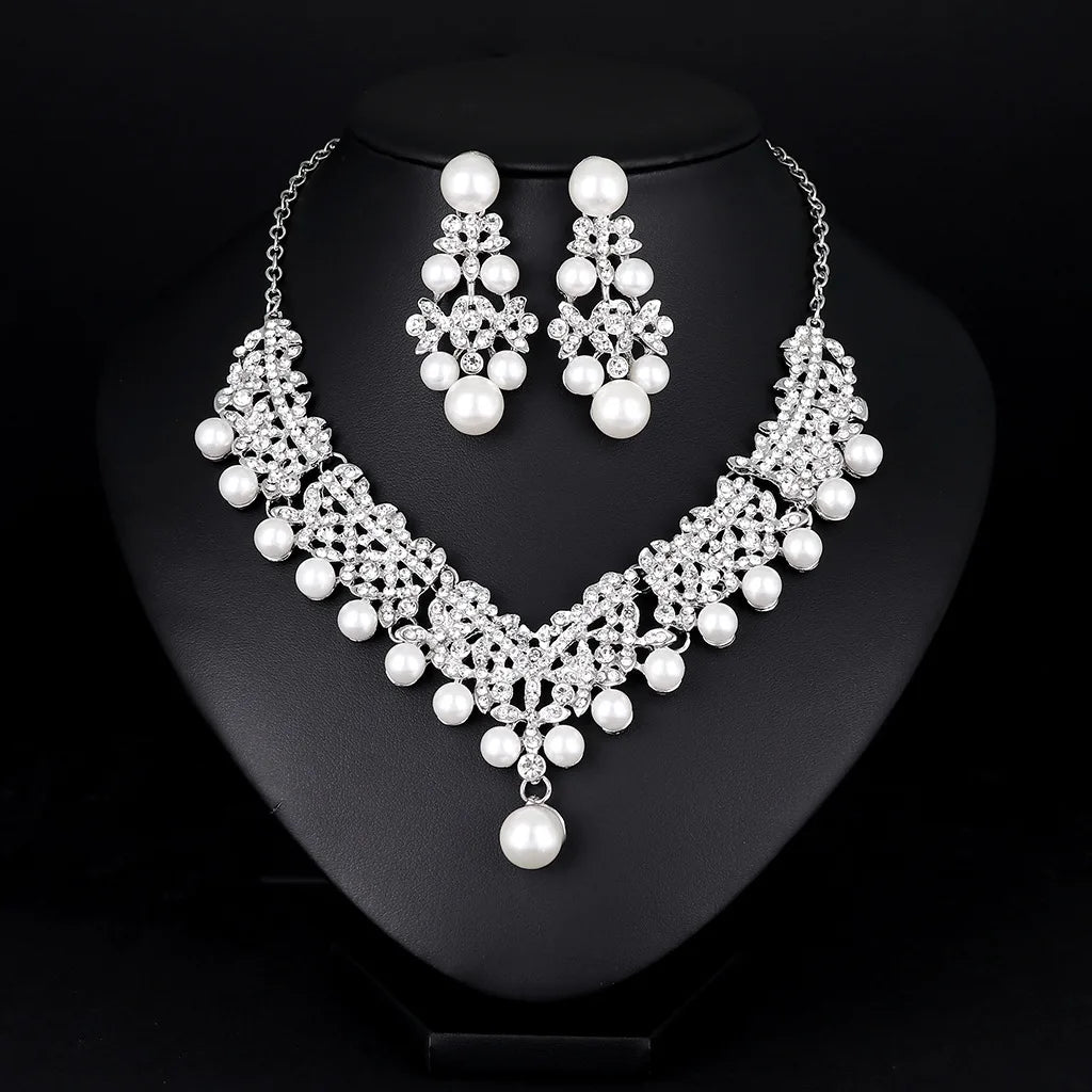 Banquet Accessories Custom Crystal Pearl Wedding Necklaces Earring Fashion Fine Jewelry Bridal Necklace Sets for Women