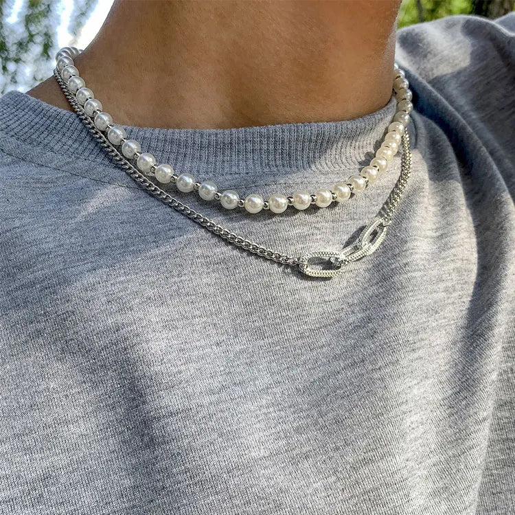 Street Hip Hop Geometric Link Chain Choker Necklace Jewelry Trendy Gold Silver Double Layer Imitation Pearl Necklace for Men