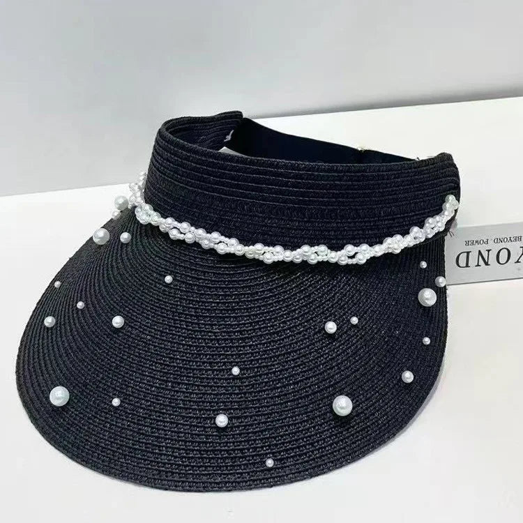 Summer Wide Brim UV Protection Beach Sun Cap Women Pearl Straw Sun Visor Hat