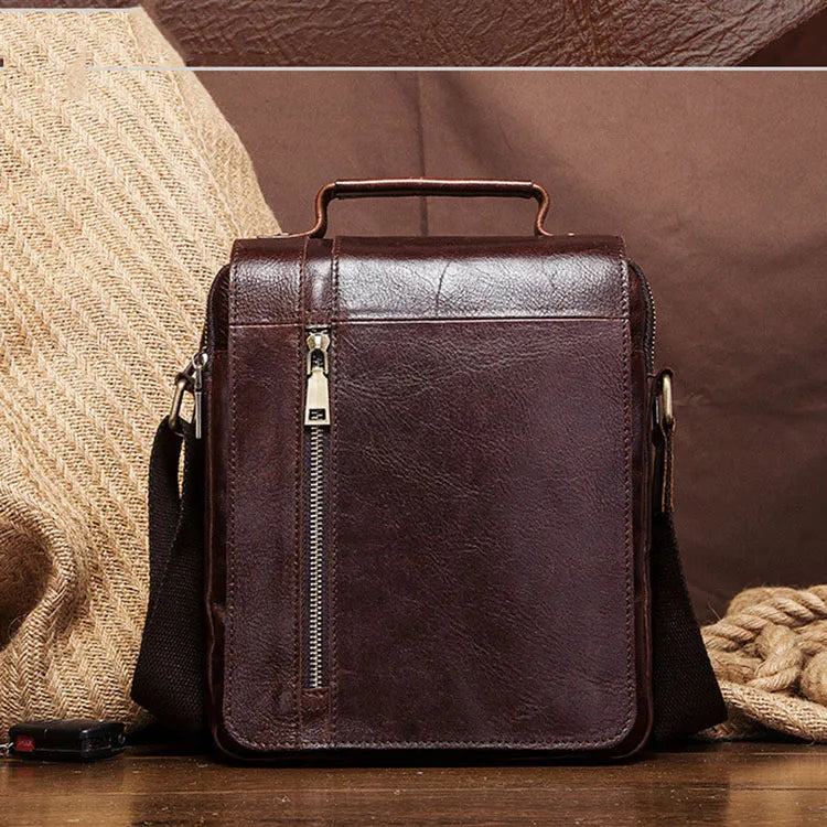 Custom Logo Engraved Genuine Leather Men's Vintage Style Business Travel Shoulder Bag