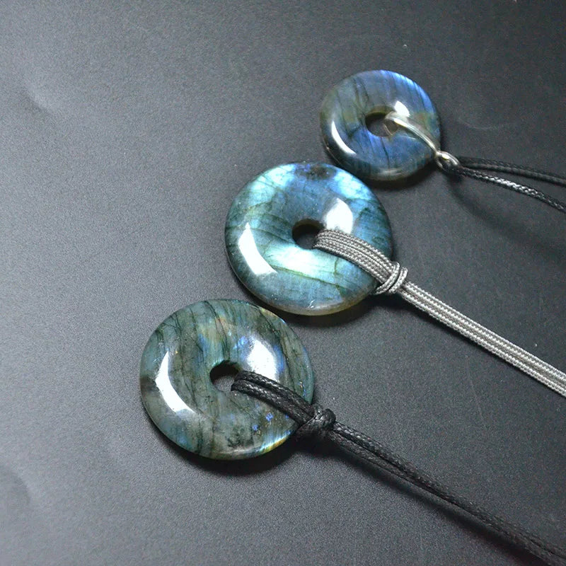 Wholesale 30mm 40mm Flash Stone Donut Pendant Iridescent Labradorite Necklace Ready Stock